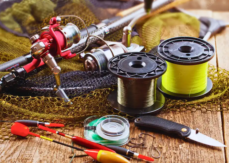 Fishing rod, reel, line, knife on table