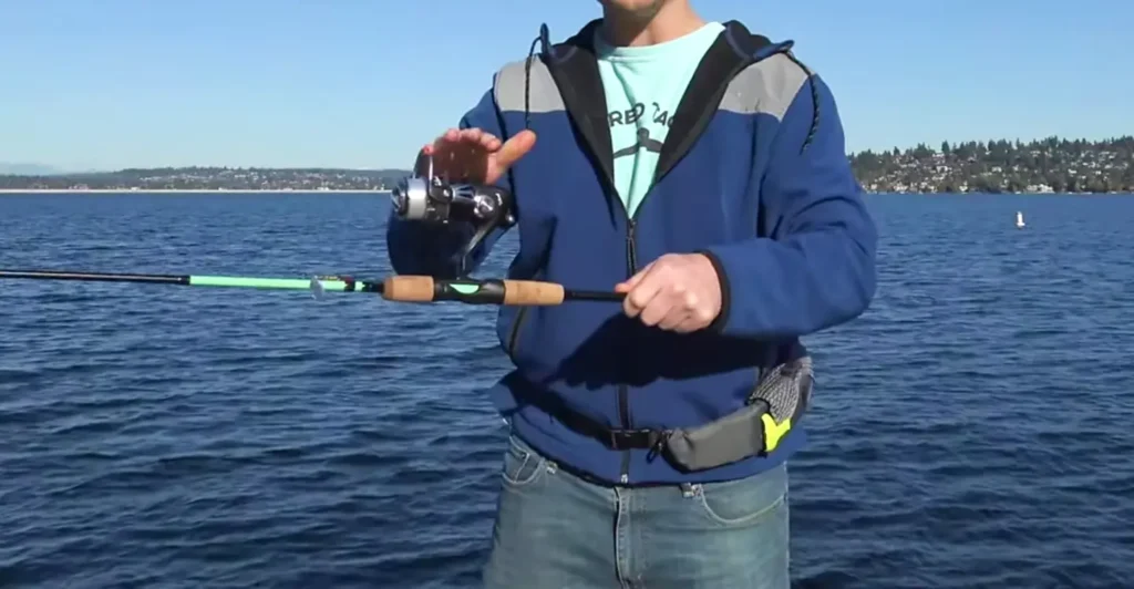 The reel of a spinning rod is mounted underneath the rod